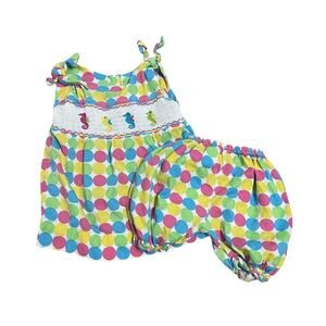 Smocked Sweets 2T Sea Horse Polka Dot Girls Short Set Colorful Summer